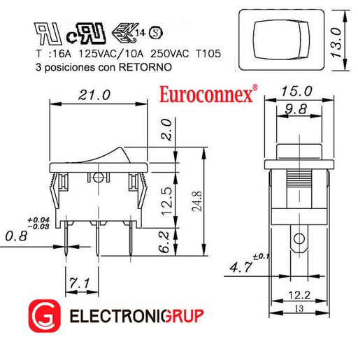 [3999ELG] INTERRUPTOR 3P. (SPDT) (ON)-OFF-(ON), 250V. 6A, CON RETORNO. MOD. 3999