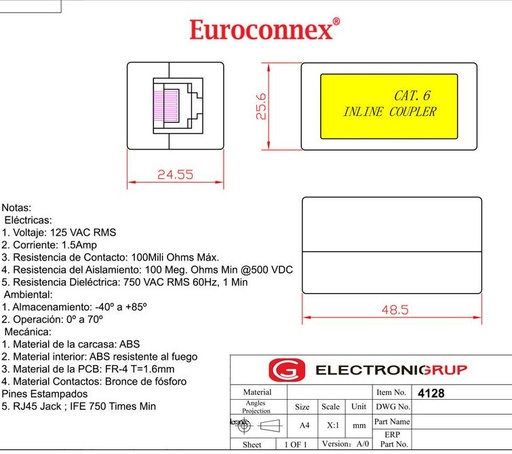 [4128ELG] Adaptador RJ45 Cat.6 Hembra - Hembra. Mod. 4128