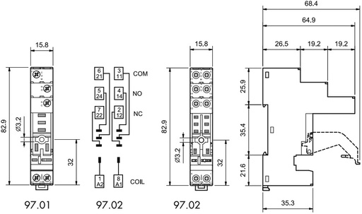 [9701SPATME] Zócalo relé 5 pin 16A 250VCA DIN Finder. Mod. 97.01SPA