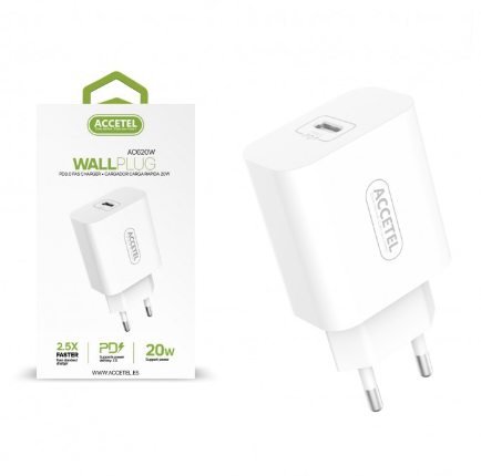 [AC620WSUR] Cargador De Pared carga rápida Type-C 3.0A 20W Accetel. Mod. PW2000057