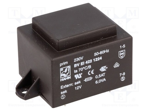 [BVEI4221224TME] Transformador encapsulado 6VA 230VCA 12V 500mA. Mod. BVEI4221224