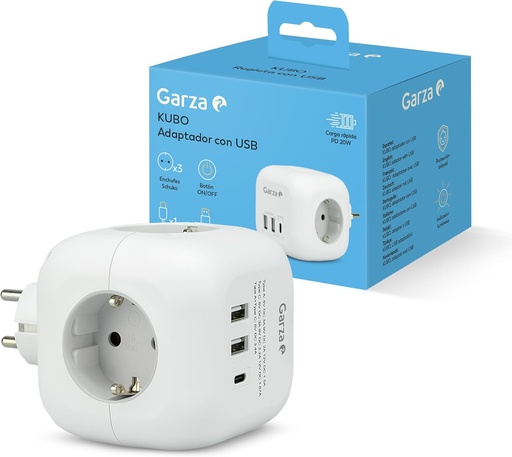 [420063CGAR] Adaptador enchufe 3 tomas 2USB+USB C Kubo Garza. Mod. 420063C