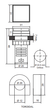 [FC22VAFR] Piloto voltímetro, amperímetro y frecuencímetro digital (tras cuadro) Ø 22,5 mm 48-380VAC rojo. Mod. PVAF22