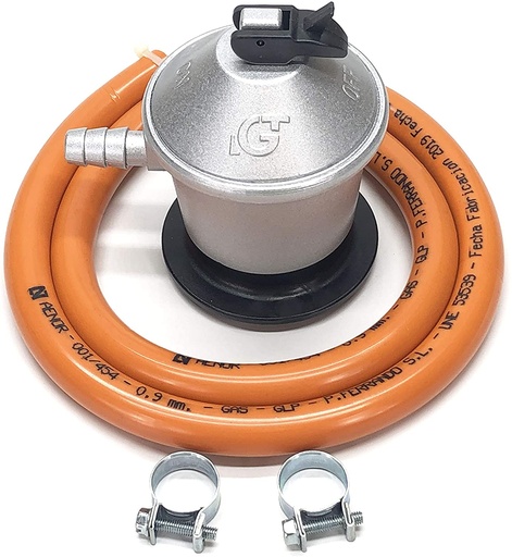 [74177] KIT recambio homologado butano (REGULADOR + MANGUERA FLEXIBLE 1,5M + 2 ABRAZADERAS). Mod. KITR0200