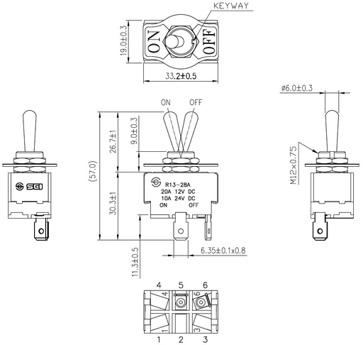 [R1328A01HPH] Interruptor de palanca 2 posiciones OFF-ON 20A/12VDC. Mod. R13-28A-01-HPH
