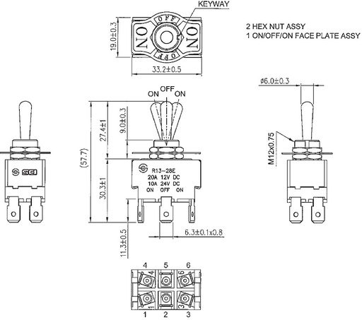 [R1328E01HPH] Interruptor de palanca 3 posiciones ON-OFF-ON 20A/12VDC. Mod. R13-28E-01-HPH