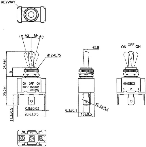 [R13701HPH] Interruptor de palanca 3 posiciones ON-OFF-ON 20A/12VDC. Mod. R13-7-01