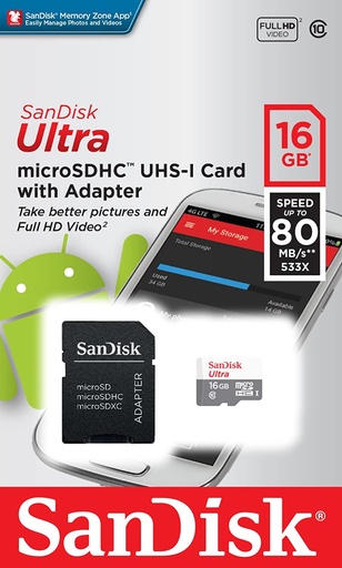 [SDSQUNS016GGN3MA] Tarjeta memoria micro SD 16GB SANDISK CLASE 10 SDHC + ADAPTADOR. Mod. SDSQUNS-016G-GN3MA